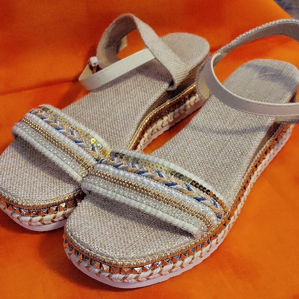 Platform Wedge Beige Women's Sandals 41 EU 10 1/2 - Picture 3 of 7